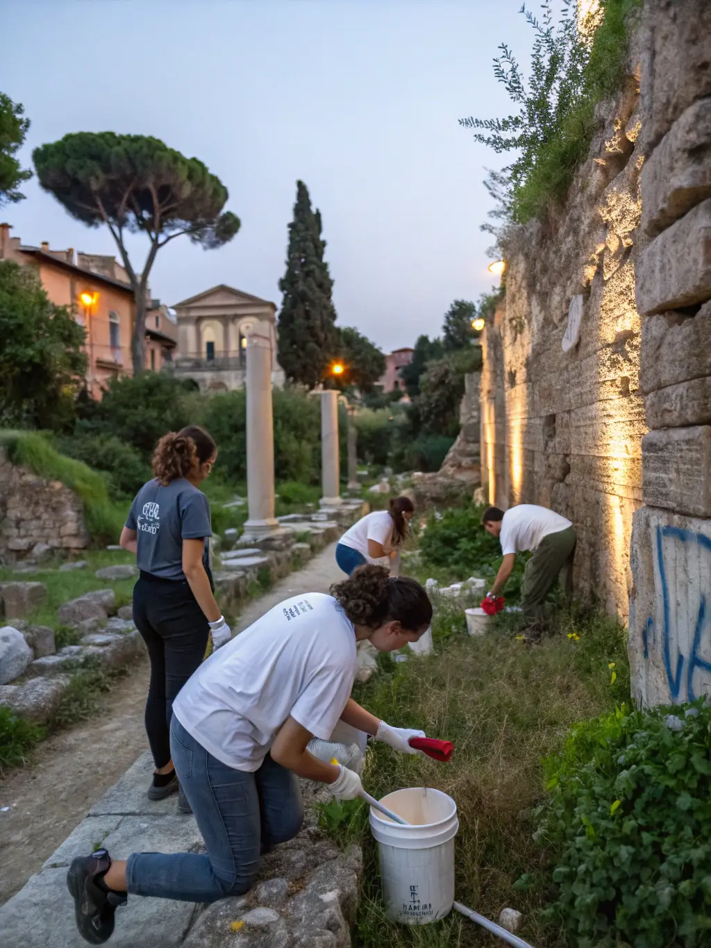 A scenic image of volunteers cleaning and restoring an ancient stone wall in Saléon, highlighting the dedication to preserving historical structures.