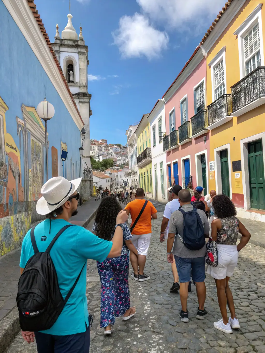 A photograph of a guided tour through Saléon's historic village, with participants listening attentively to the guide's explanations about local history and architecture.